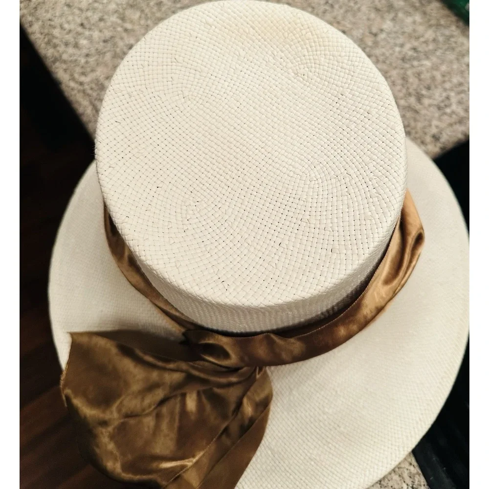 VTG Pinkham Millinery Ladies Ivory Brown Silk Church Racing Women's Derby Hat
